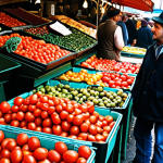 **

A bustling marketplace scene with various stands. Focus on a person carefully comparing tomatoes at different stands, hinting at the importance of comparing insurance quotes. The scene should evoke a French market atmosphere.

**