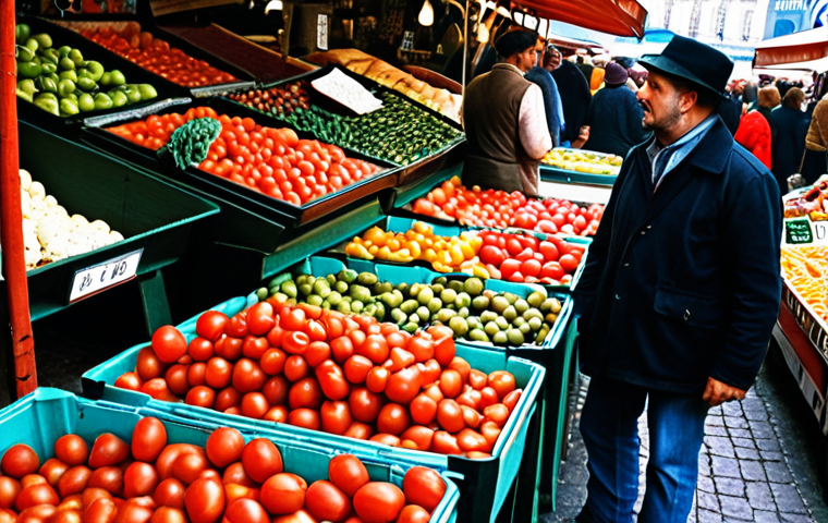 **
A bustling marketplace scene with various stands. Focus on a person carefully comparing tomatoes at different stands, hinting at the importance of comparing insurance quotes. The scene should evoke a French market atmosphere.
**