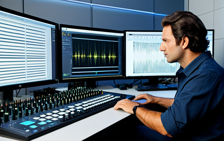 특수 차량의 소음 감소 기술 - Acoustic Engineer Analyzing Sound Waves**

"Acoustic engineer in a professional sound lab, analyzing...