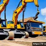 Home 12 특수 차량 보험 가입 요령 - A detailed scene of a construction site featuring specialized heavy machinery such as excavators, bu...