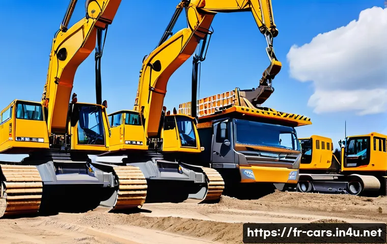 특수 차량 보험 가입 요령 - A detailed scene of a construction site featuring specialized heavy machinery such as excavators, bu...