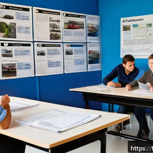 특수 차량 운전 면허 취득 방법 - A professional French driving school classroom setting with adult students attentively learning abou...