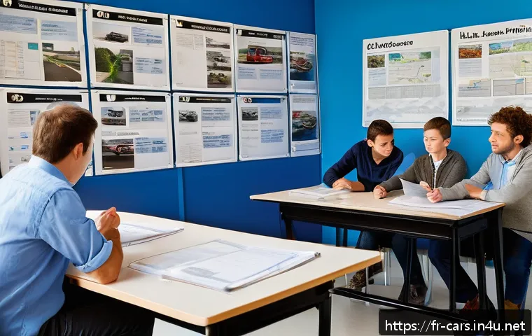 특수 차량 운전 면허 취득 방법 - A professional French driving school classroom setting with adult students attentively learning abou...