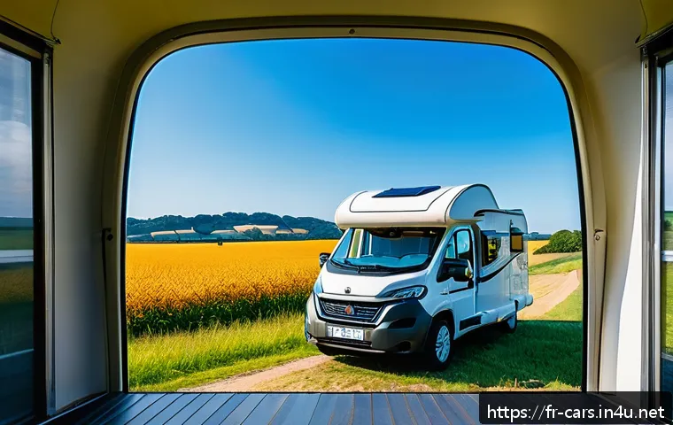 트레일러 캠핑카의 장단점 - A modern compact caravan parked on a scenic countryside road in France during early autumn, surround...