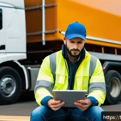 대형 트럭의 고객 후기 - A detailed scene of a professional French heavy truck driver taking a mandatory rest break at a road...