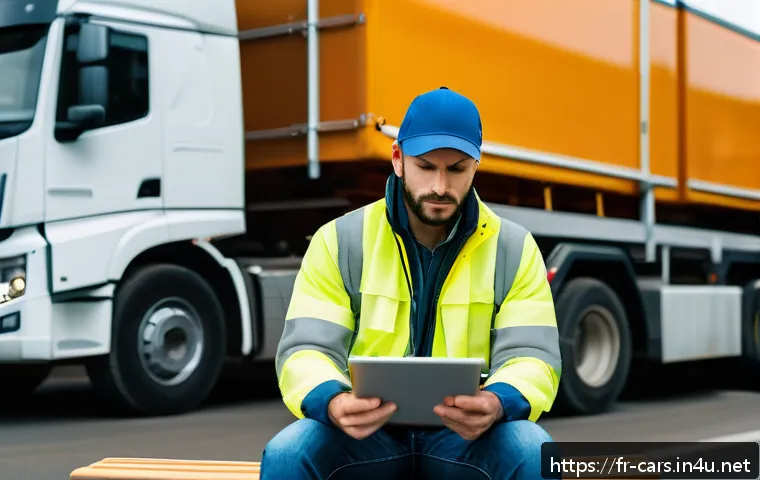 대형 트럭의 고객 후기 - A detailed scene of a professional French heavy truck driver taking a mandatory rest break at a road...