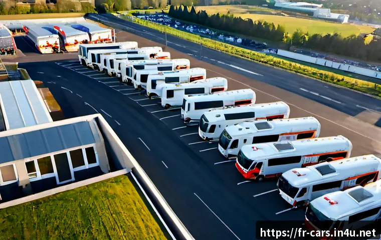 특수 차량의 유럽 시장 점유율 - Photorealistic aerial view of a modern French emergency and municipal vehicle depot near Lyon, neatl...