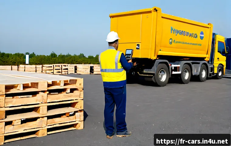 특수 차량의 적재 용량 계산법 - Photorealistic French construction logistics scene, a clean articulated tipper truck parked on a mar...